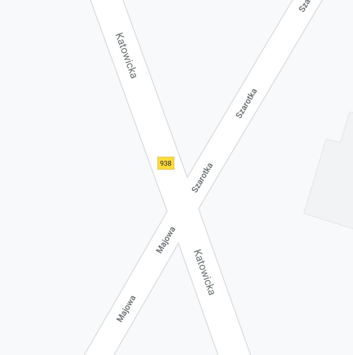 Mapa skrzyżowania ulic Katowicka -Majowa -Szarotka, źródło GoogleMaps